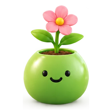 Pennypot's mascot: a round green pot with a smiling face and a pink flower in bloom.